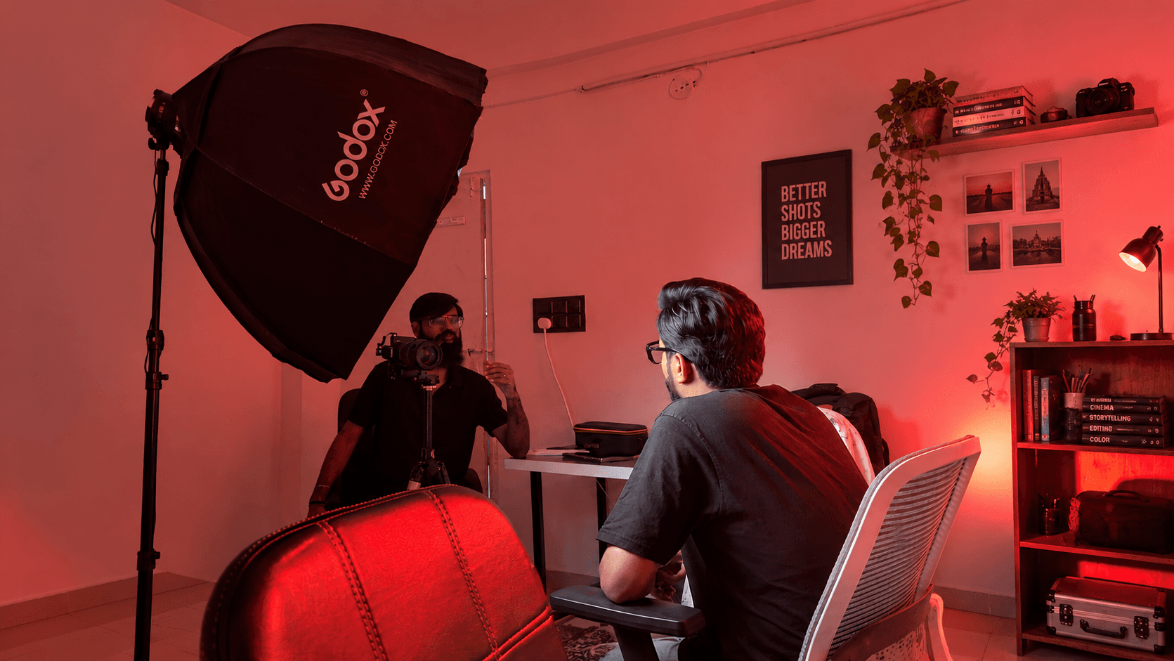 Person in a headset working at a keyboard with a floating interface