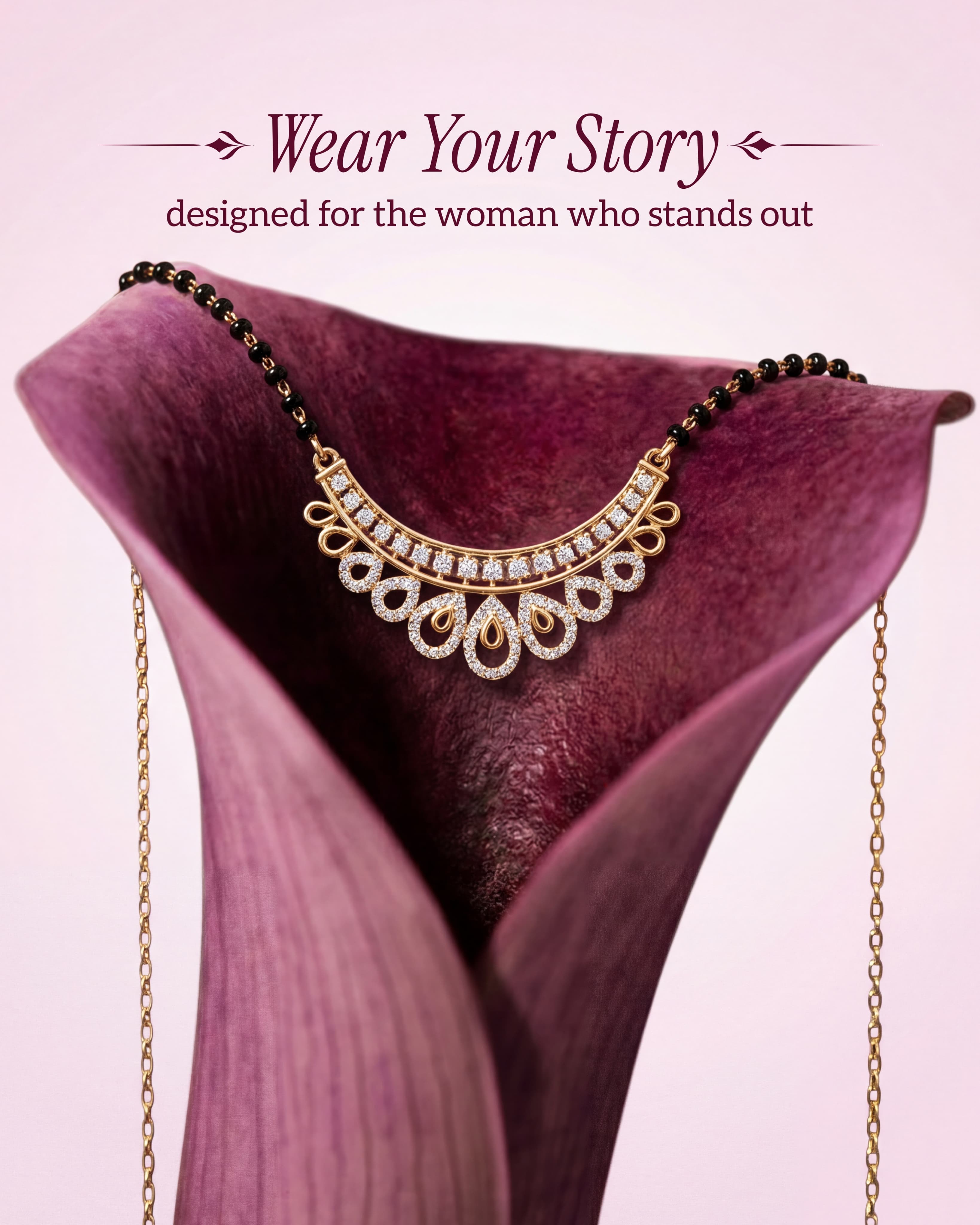 Nanyaa jewellery post: a necklace draped over a calla lily, captioned “Wear Your Story”