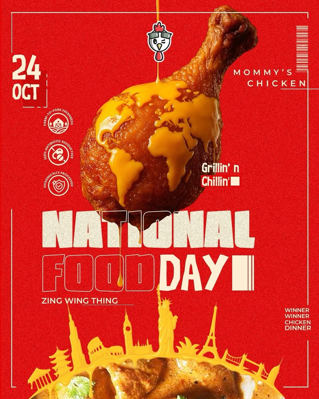 Mommy’s Chicken National Food Day post: a chicken drumstick glazed like a globe