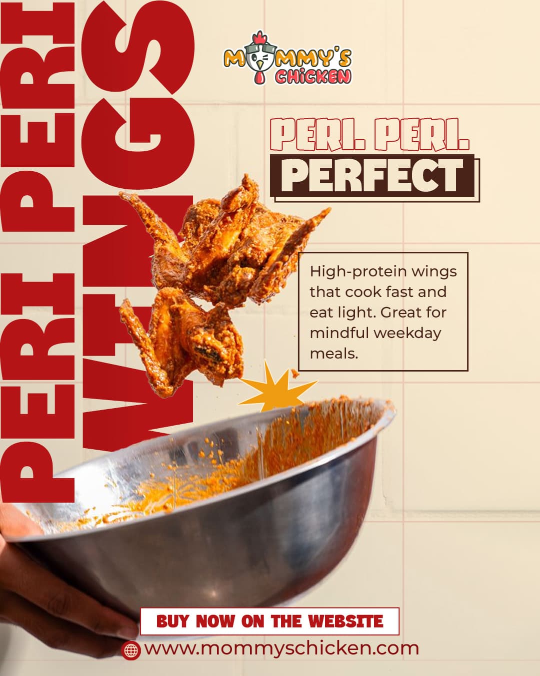 Mommy’s Chicken “Peri Peri Wings” post: wings tossed from a steel bowl