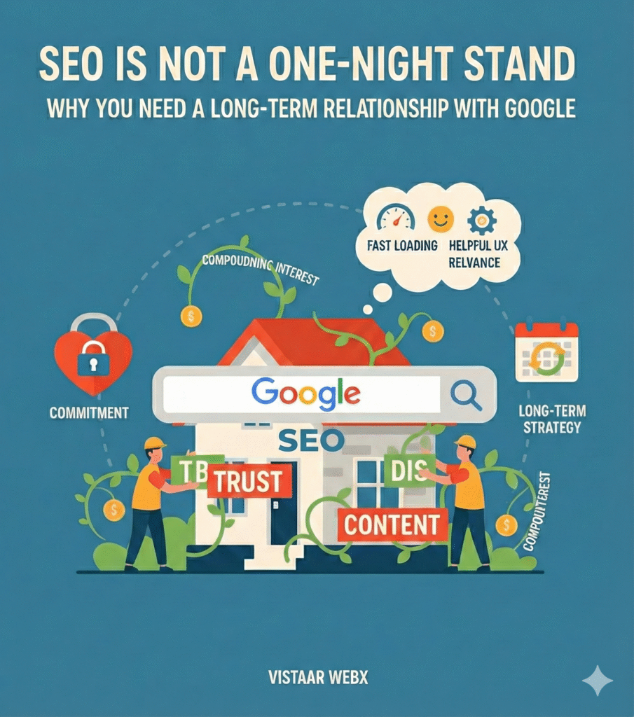 SEO long-term strategy concept illustrating relationship-based growth with Google using charts, calendar, and search icons